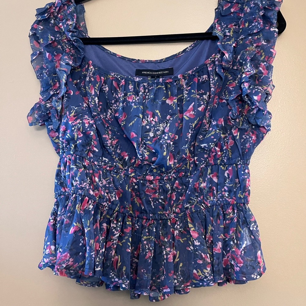 French Connection Blue Floral Ruffle Blouse